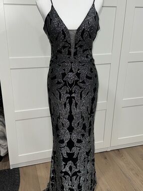 Betsy & Adam Black Gown with Silver Sequin Overlay